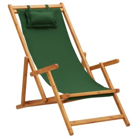 Silla de playa plegable madera maciza de eucalipto y tela verde