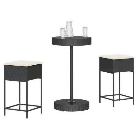 Mesa y taburetes altos jardín 3 piezas y cojines ratán PE negro by , Garden sets - Ref: Foro24-3261441, Price: 199,96 €, Disc...