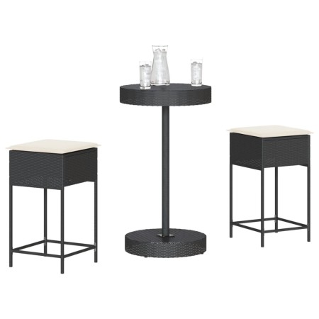 Mesa y taburetes altos jardín 3 piezas y cojines ratán PE negro by , Garden sets - Ref: Foro24-3261441, Price: 197,70 €, Disc...