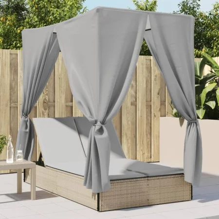 Double sun lounger with roof and beige synthetic rattan curtains by , Loungers - Ref: Foro24-368075, Price: 316,60 €, Discoun...