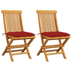 Sillas de jardín 2 uds madera maciza de teca con cojines rojos de , Sillas de jardín - Ref: Foro24-3062481, Precio: 142,62 €,...