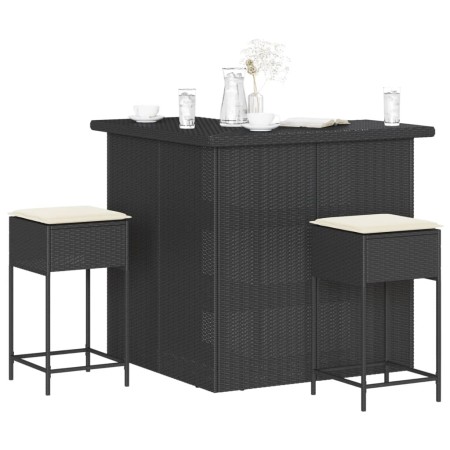 Mesa y taburetes altos jardín 3 piezas y cojines ratán PE negro by , Garden sets - Ref: Foro24-3261502, Price: 398,08 €, Disc...