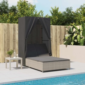 Tumbona doble con techo y cortinas ratán sintético gris claro de , Tumbonas - Ref: Foro24-368104, Precio: 262,19 €, Descuento: %