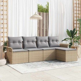 Conjunto de sofá de jardín con cojín 5 pcs Beige Poliratán