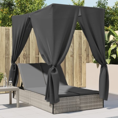 Doppel-Liegestuhl mit Dach und Vorhängen aus hellem grauem synthetischem Rattan. von , Liegen - Ref: Foro24-368077, Preis: 30...