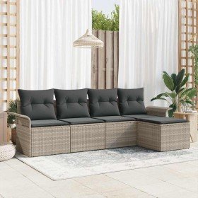 Conjunto de sofá de jardín con cojín 5 pcs Gris claro Poliratán Conjunto de sofá de jardín con cojín 5 pcs Gris claro Poliratán