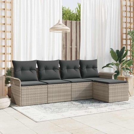 Conjunto de sofá de jardín con cojín 5 pcs Gris claro Poliratán