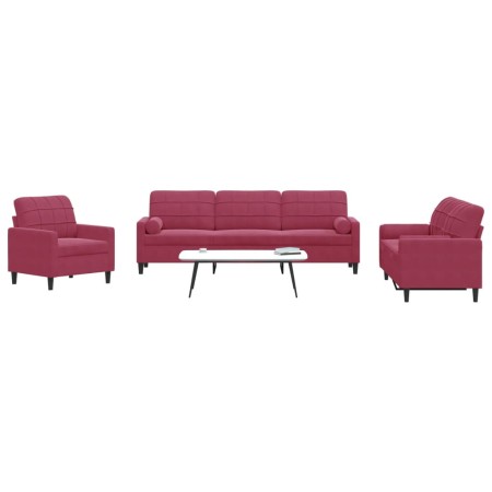 Three-piece velvet sofa set with red wine cushions by , Sofas - Ref: Foro24-3278455, Price: 694,93 €, Discount: %