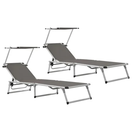 Folding sun loungers with canopy, 2 units, aluminum and gray textilene. by vidaXL, Loungers - Ref: Foro24-312460, Price: 185,...