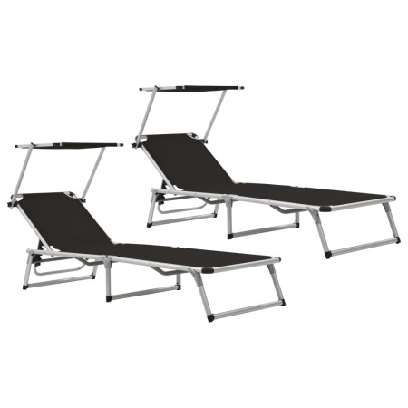 Folding sun loungers with awning 2 units aluminum and black textilene by vidaXL, Loungers - Ref: Foro24-312458, Price: 189,97...
