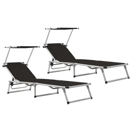 Folding sun loungers with awning 2 units aluminum and black textilene by vidaXL, Loungers - Ref: Foro24-312458, Price: 189,30...