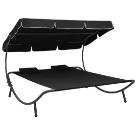 Gartenliege mit Markise und schwarzen Kissen von vidaXL, Betten im Freien - Ref: Foro24-313521, Preis: 140,87 €, Rabatt: %