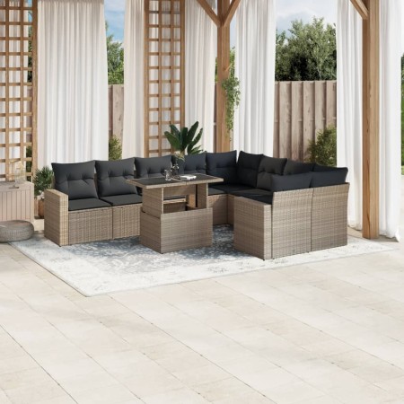 Set sofás jardín 10 pzas con cojines ratán sintético gris claro