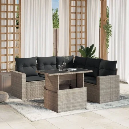 Garden sofa set 6 pieces and gray synthetic rattan cushions by , Garden sets - Ref: Foro24-3267272, Price: 470,35 €, Discount: %