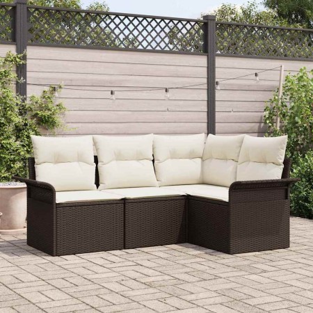 Conjunto de sofá de jardín con cojín 4 pcs Marrón Poliratán