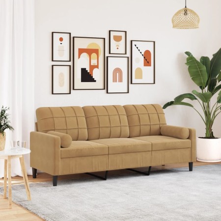 Sofá de 3 plazas con cojines terciopelo marrón 180 cm by , Sofas - Ref: Foro24-3278236, Price: 337,41 €, Discount: %