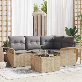 Conjunto de sofá de jardín con cojín 5 pcs Beige Poliratán