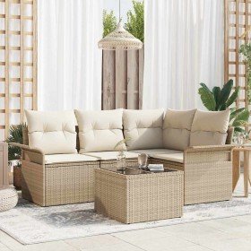 Conjunto de sofá de jardín con cojín 5 pcs Beige Poliratán Conjunto de sofá de jardín con cojín 5 pcs Beige Poliratán