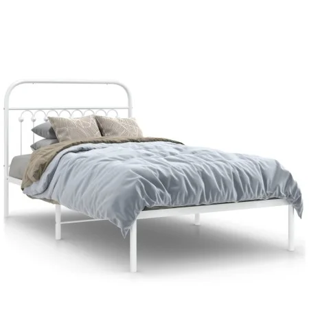 Estructura de cama de metal con cabecero blanco 100x200 cm de , Camas y somieres - Ref: Foro24-376644, Precio: 82,13 €, Descu...