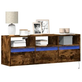 Wall-mounted TV stand with LED lights in smoked oak, 130x31x45 cm. by , TV Furniture - Ref: Foro24-852345, Price: 96,95 €, Di...