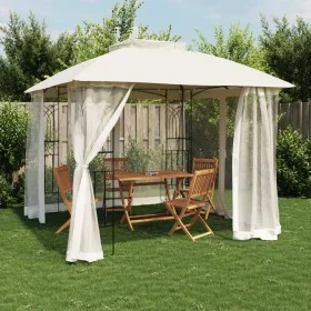 Double-roof gazebo with cream steel mesh walls, 2.94x2.94 m by , Tents and gazebos - Ref: Foro24-368454, Price: 284,86 €, Dis...