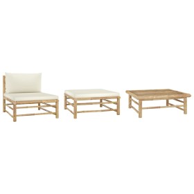 Set de muebles de jardín 3 piezas bambú y cojines blanco crema