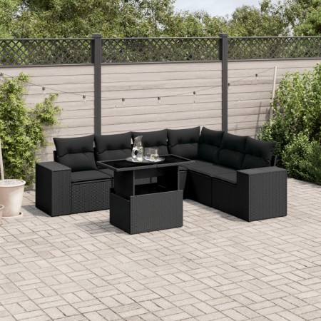 Gartensofa-Set, 7-teilig, mit schwarzen Polstern aus synthetischem Rattan von , Gartensets - Ref: Foro24-3269185, Preis: 532,...