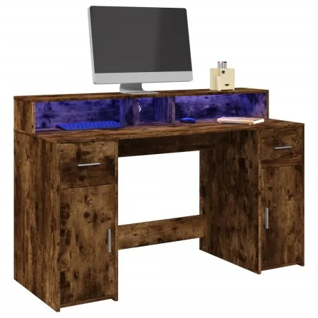 Desk with LED lighting, engineered smoked oak wood, 140x55x91 cm by , Desks - Ref: Foro24-3309424, Price: 172,81 €, Discount: %