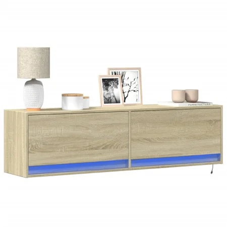 Mueble de TV de pared con luces LED roble Sonoma 140x31x38 cm by , TV Furniture - Ref: Foro24-852371, Price: 94,21 €, Discoun...