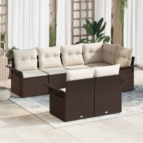 Conjunto de sofá de jardín con cojín 7 pcs Marrón Poliratán