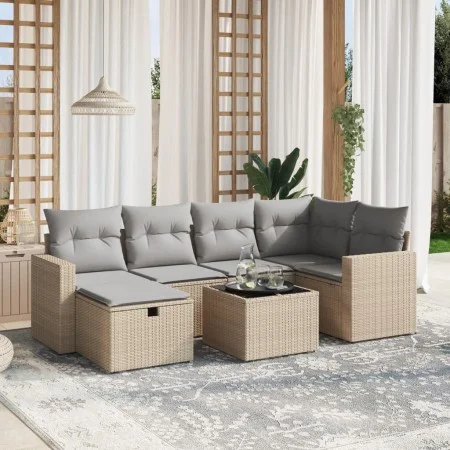 Garden sofa set with beige mixed cushions, 7 pieces, PE rattan. by , Garden sets - Ref: Foro24-3263495, Price: 429,71 €, Disc...