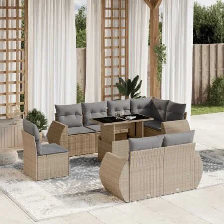 Set de sofás de jardín 9 pzas con cojines ratán sintético beige by , Garden sets - Ref: Foro24-3268669, Price: 744,16 €, Disc...