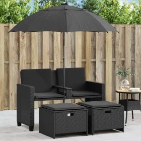 Sofá jardín 2 plazas con sombrilla y taburetes ratán PE negro von , Outdoor-Sofas - Ref: Foro24-365883, Preis: 239,50 €, Raba...
