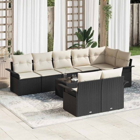 Conjunto de sofá de jardín con cojín 9 pcs Negro Poliratán