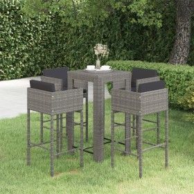 Set muebles bar jardín 5 piezas y cojines ratán sintético gris