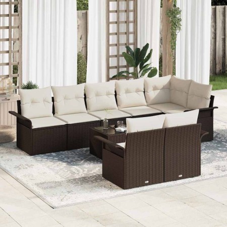 Conjunto de sofá de jardín con cojín 9 pcs Marrón Poliratán