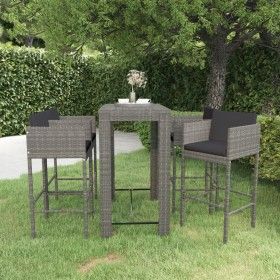 Set muebles bar jardín 5 piezas y cojines ratán sintético gris