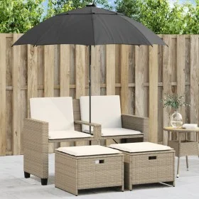 Sofá jardín 2 plazas con sombrilla y taburetes ratán PE beige de , Sofás de exterior - Ref: Foro24-365886, Precio: 245,78 €, ...