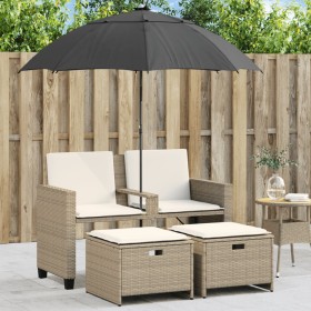 Sofá jardín 2 plazas con sombrilla y taburetes ratán PE beige de , Sofás de exterior - Ref: Foro24-365886, Precio: 250,63 €, ...