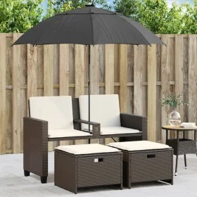 Garden sofa 2-seater with umbrella and brown PE rattan stools by , Outdoor sofas - Ref: Foro24-365884, Price: 245,78 €, Disco...