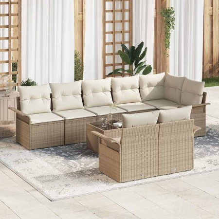 Conjunto de sofá de jardín con cojín 9 pcs Beige Poliratán