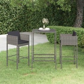 Set de muebles bar jardín 3 pzas y cojines ratán sintético gris