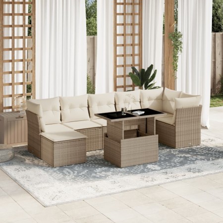 Set de sofás de jardín y cojines 8 piezas ratán sintético beige