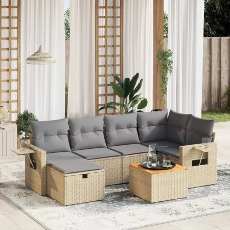 Garden sofa set with beige mixed cushions, 7 pieces, PE rattan. by , Garden sets - Ref: Foro24-3264951, Price: 429,83 €, Disc...
