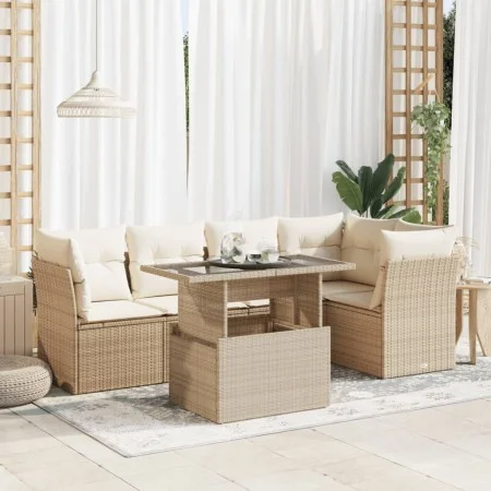 Garden sofa set with 6-piece synthetic rattan beige cushions by , Garden sets - Ref: Foro24-3326159, Price: 466,23 €, Discoun...