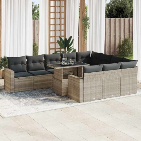 Set de sofás de jardín 11 pzas y cojines ratán sintético gris
