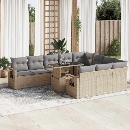 Set de sofás de jardín 11pzas con cojines ratán sintético beige