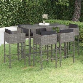 Set muebles de bar jardín 7 pzas y cojines ratán sintético gris