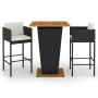 Set muebles bar jardín 3 piezas y cojines ratán sintético negro