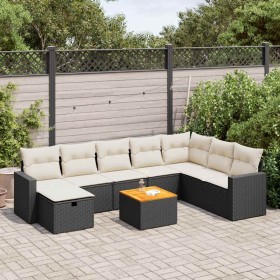 Set de sofás de jardín con cojines 9 pzas ratán sintético negro